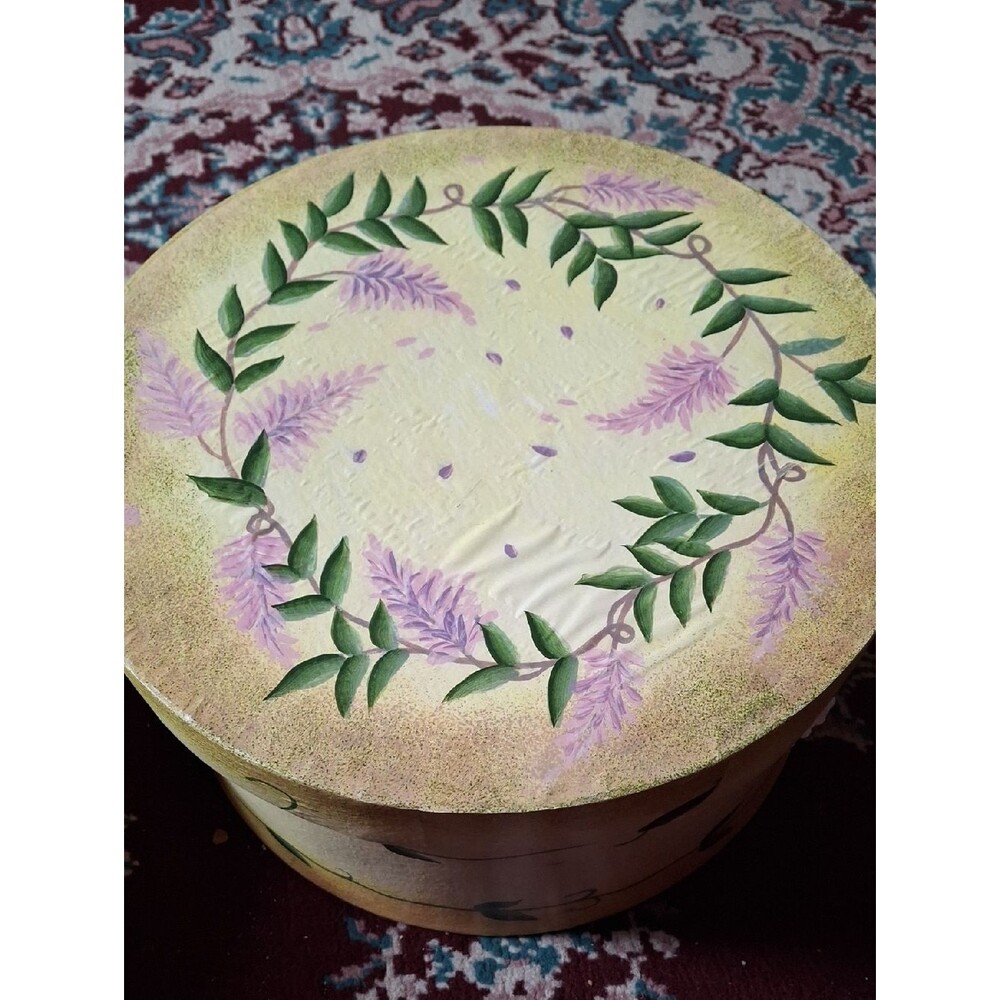Hand-Painted Floral Round Hat Box in Cream with Lavender and Green